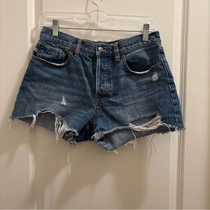 Free People We The Free Frayed Button Fly Denim Shorts Womens 28 Blue Cotton